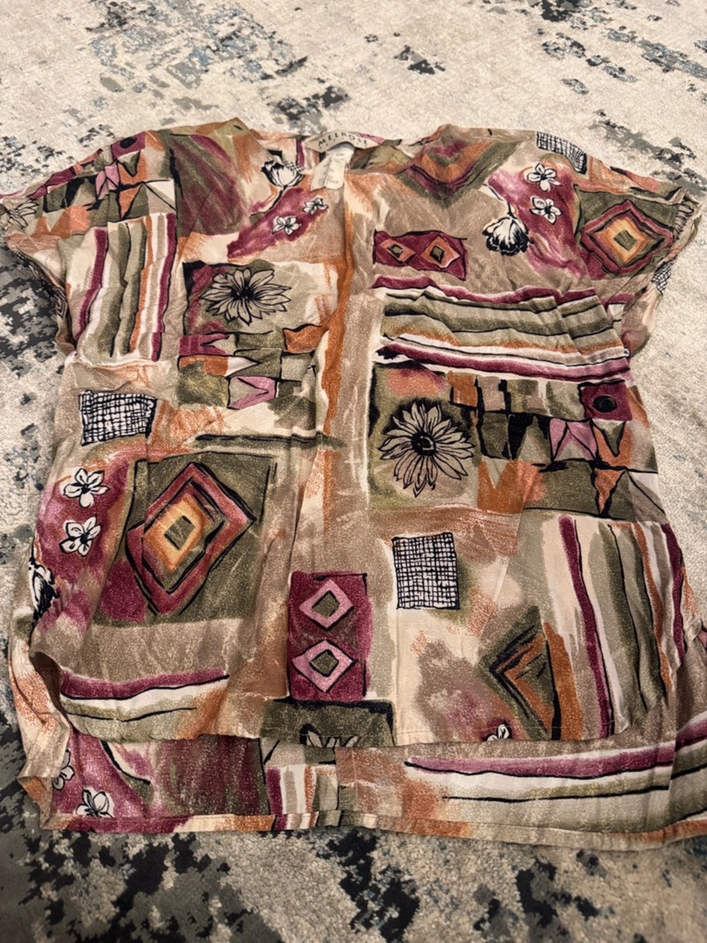 Ladies Abstract Floral Patchwork Top in Pink, Olive & Beige by melrose petites